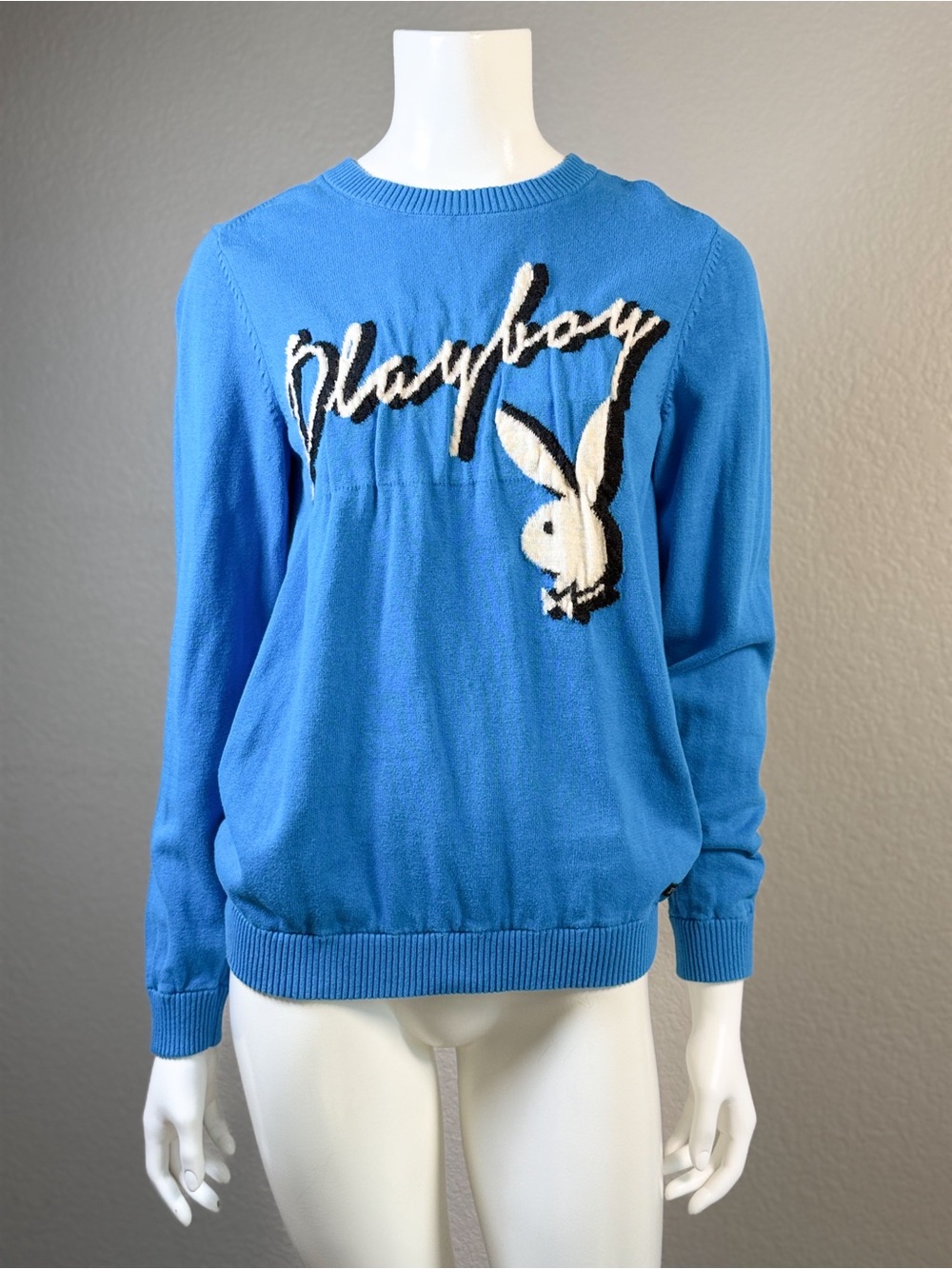 Playboy Blue Bunny Logo Cotton Sweater Y2K Graphic Knit Top Small
